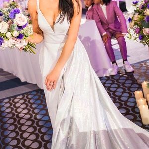 Cinderella Silver Glitter Plunging V-Neck Gown XS